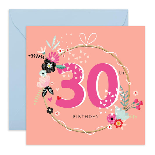30th Birthday Card For Women - 30th Birthday Wreath - Wife Mum Mummy - Sister - Floral Bday Card - Happy Thirtieth Birthday Greeting Card Female Friend - Comes With Stickers By Central 23