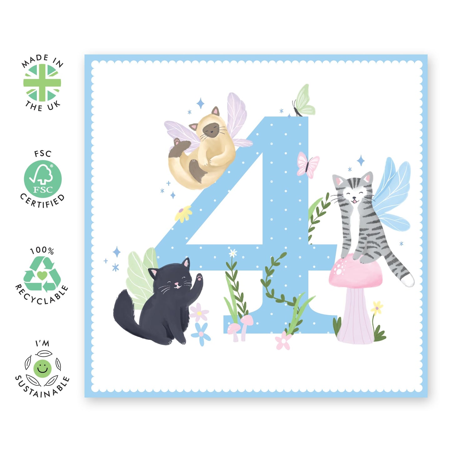 4 Year Old Girl Birthday Card - Fairy Cat 4 Years - Happy Birthday Card For Kids Toddler Age Four - Cute Animals Forth Bday - Gifts For Niece Granddaughter - Comes With Fun Stickers - By Central 23