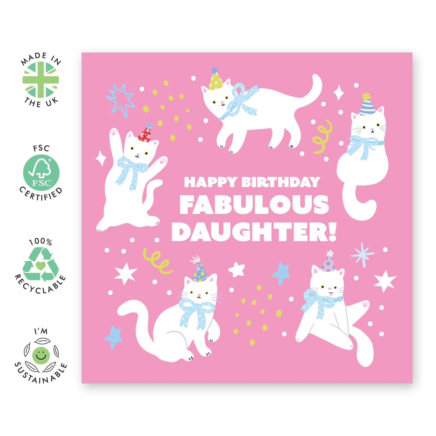Fabulous Daughter Birthday Card – Cute Cat-Themed Birthday Greeting for Her, Girls, Step Daughter, In Law, Cat Lovers – Pink & Playful Design - Comes with Fun Stickers