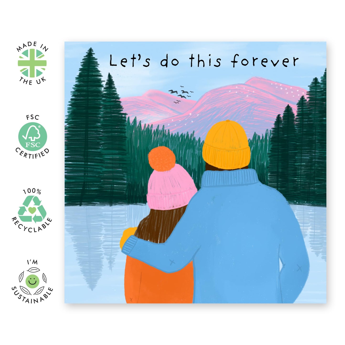 Love and Anniversary Card for Hikers- 'Mountain Love'- Gifts for Wife, Husband, Girlfriend, Boyfriend, Him, Partner, Love, Babe, Sweetheart, Campers, Adventurers - View - Comes with Fun Stickers