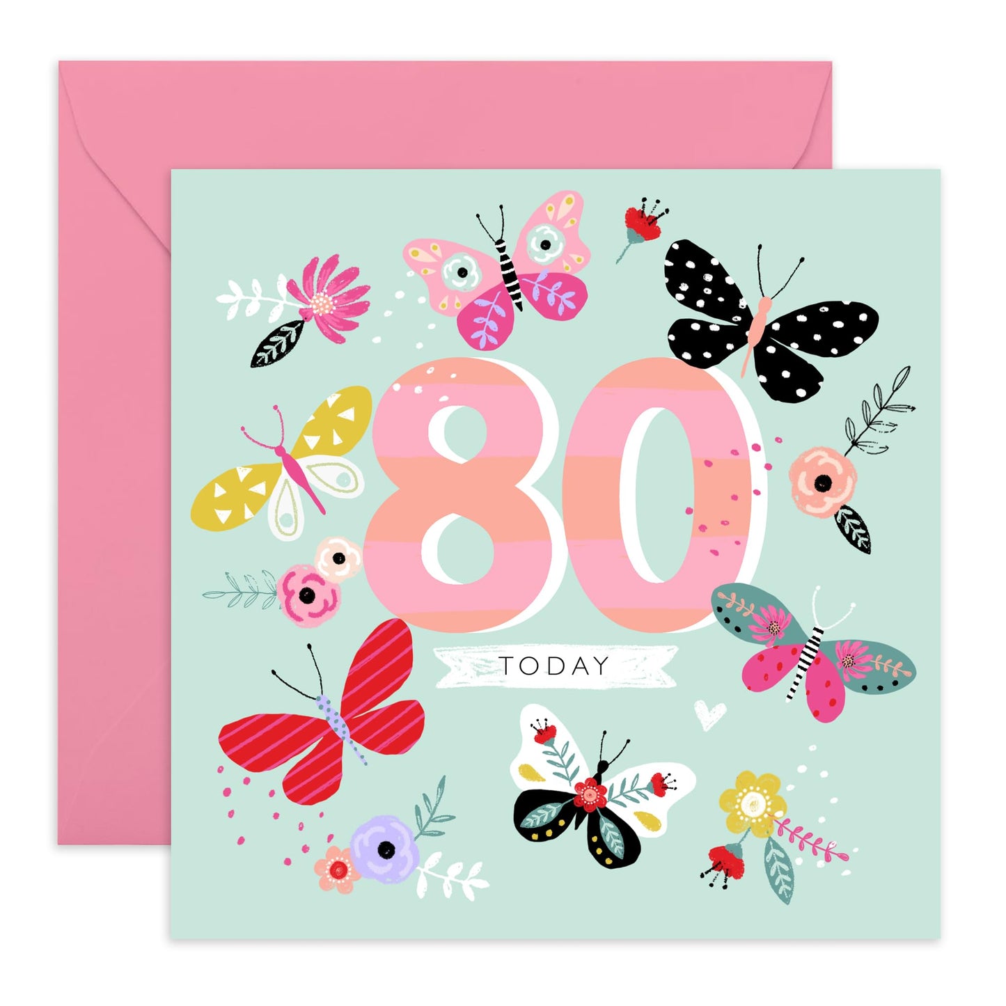 80th Birthday Card For Women - 80 Today Butterflies - Grandmother Birthday Greeting Card - Floral Cards - Gifts For Grandmum - Eightieth Birthday Card Grandma - Comes With Fun Stickers By Central 23