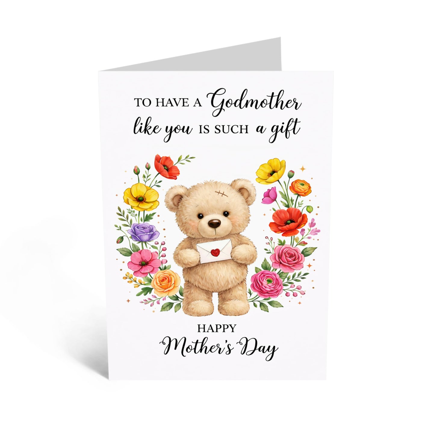 Mother’s Day Card for Godmother - ‘To Have a Godmother Like You is Such a Gift’ Cute Teddy Bear Greeting Card from Godson or Goddaughter - Made in UK - Includes White Envelope
