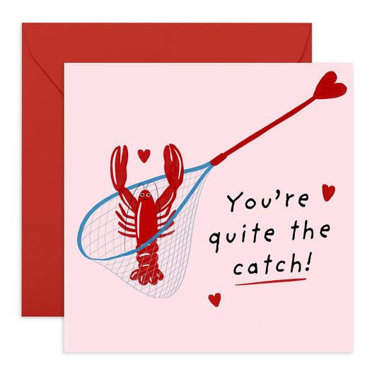 Romantic Lobster Card - "You're Quite the Catch" - Fun and Quirky Valentine’s Day or Anniversary Card for Partner, Spouse, Boyfriend, or Girlfrien- Comes with Fun Stickers