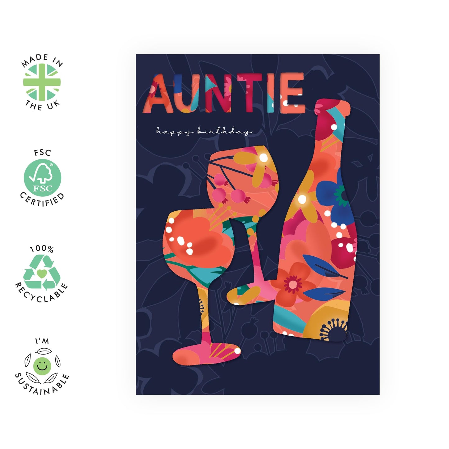 Happy Birthday Auntie Card - Floral Drinks Toast Celebration - Auntie Birthday Card - Gifts For Women - Greeting Cards For Her - Comes With Fun Stickers - By Central 23