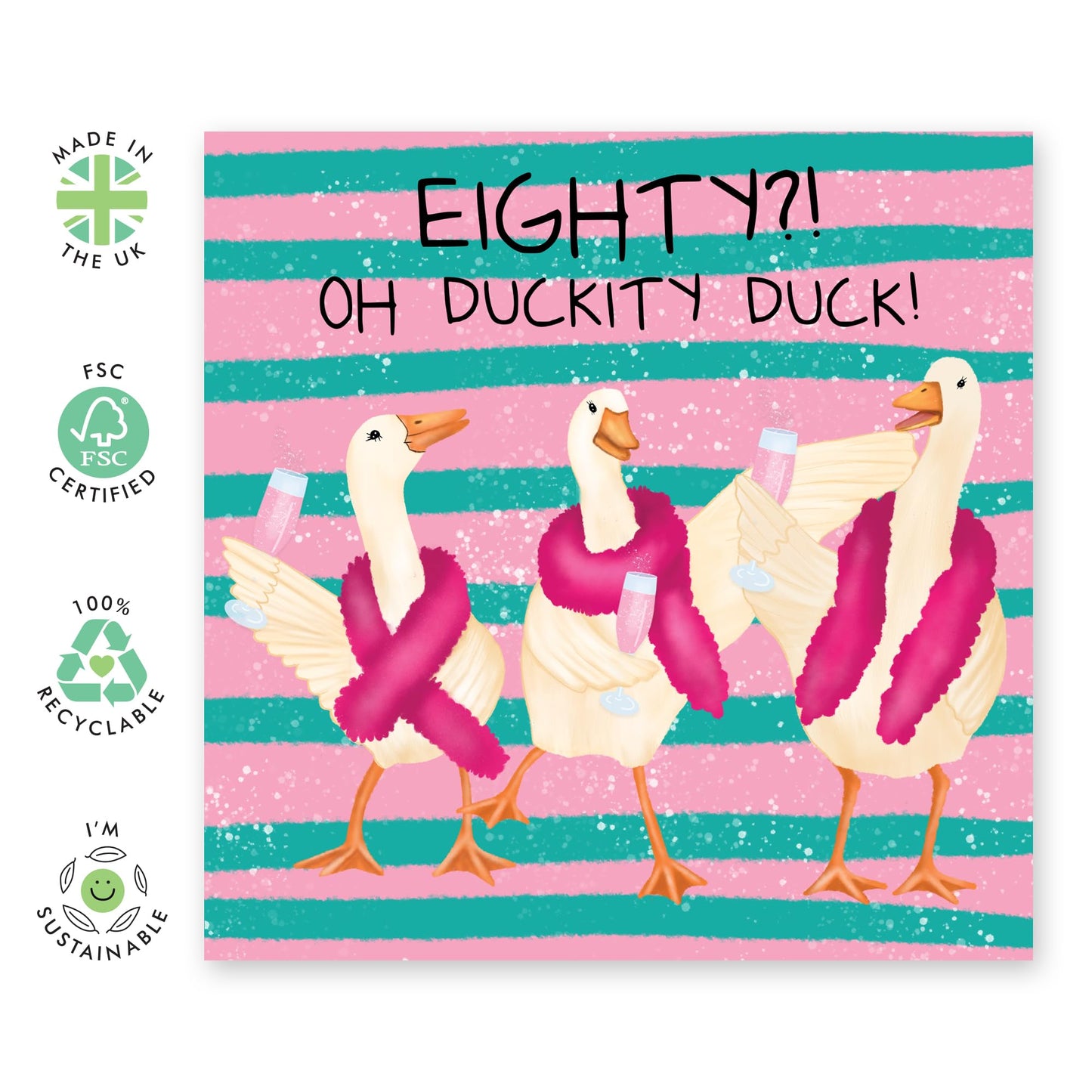 80th Birthday Card For Women - Eighty Oh Duckity Duck - Wife Birthday Greeting Card - Happy Eightieth Birthday Cards For Sister Friends Mum Auntie Grandma Wife - Comes With Fun Stickers - By Central 23
