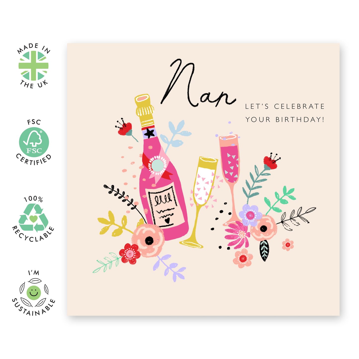 Nan Birthday Card For Women - Champagne Celebration - Granny Greeting Cards Flowers - Nanny Gifts For Her - Grandmother Birthday Cards Elegant - Comes With Fun Stickers By Central 23