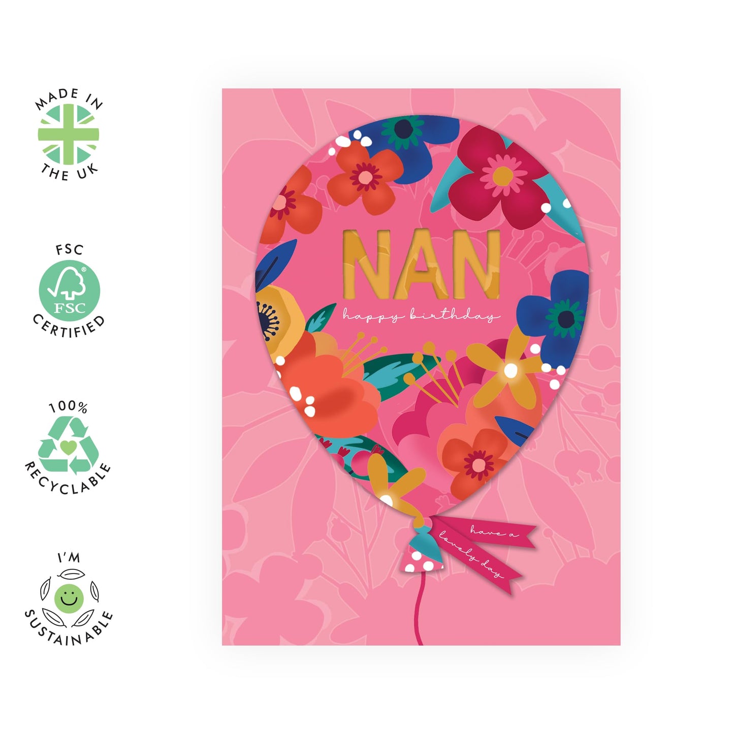 Floral Birthday Cards For Nan - Pink Flower Balloons - Sweet Greeting Cards For Women Her Female - Gifts For Grandma Grandmother Nanny - Comes With Fun Stickers - By Central 23