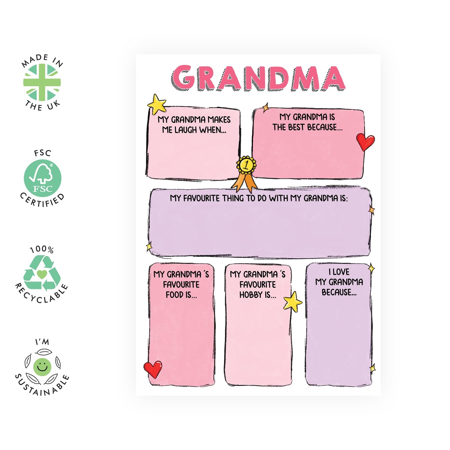 Customized Greeting Card - 'I LOVE MY GRANDMA FILL IN YOURSELF' - Appreciation and Thank You Gift for Granny, Nana, Nan, Grandparent, Her, Women - Mothers Day - Comes With Stickers
