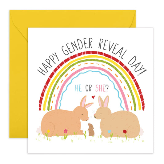 Gender Reveal Day Greeting Card - 'Grender Reveal' - Gifts for Daddy, Fathers, Mum, Mother, New Family, Baby, - Baby Bunny - Comes with Fun Stickers