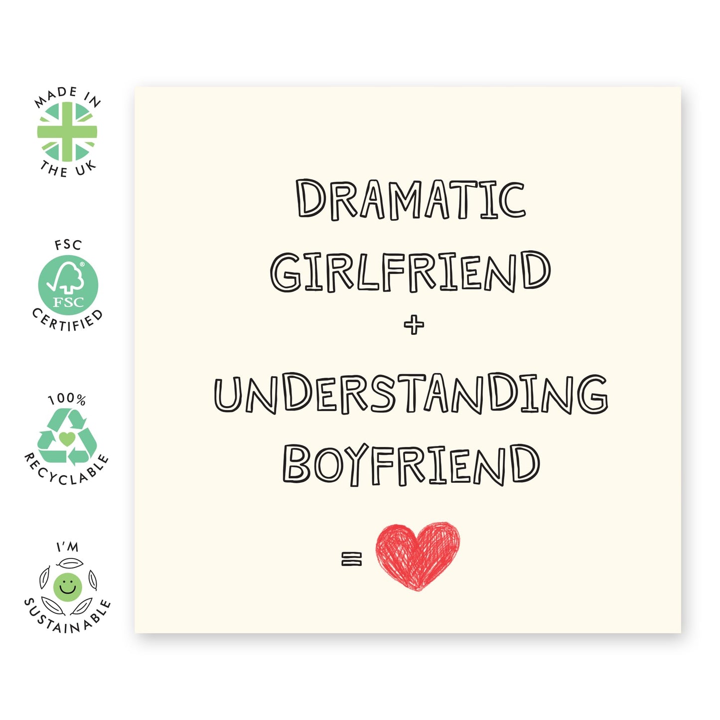 Love Greeting Card - 'Dramatic GF Understanding BF' - Gifts for Girlfriend, Boyfriend, Partner, Couples, Babe, Her, Him - Equals Heart - Comes with Fun Stickers