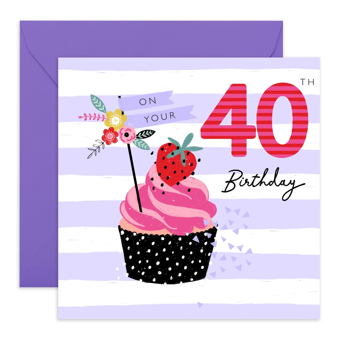 40th Birthday Card For Wife - Happy 40th Strawberry Cupcake - Floral Birthday Card Mum Sister - Bday Card - Happy Fortieth Birthday Greeting Card Female Friends - Comes With Stickers By Central 23