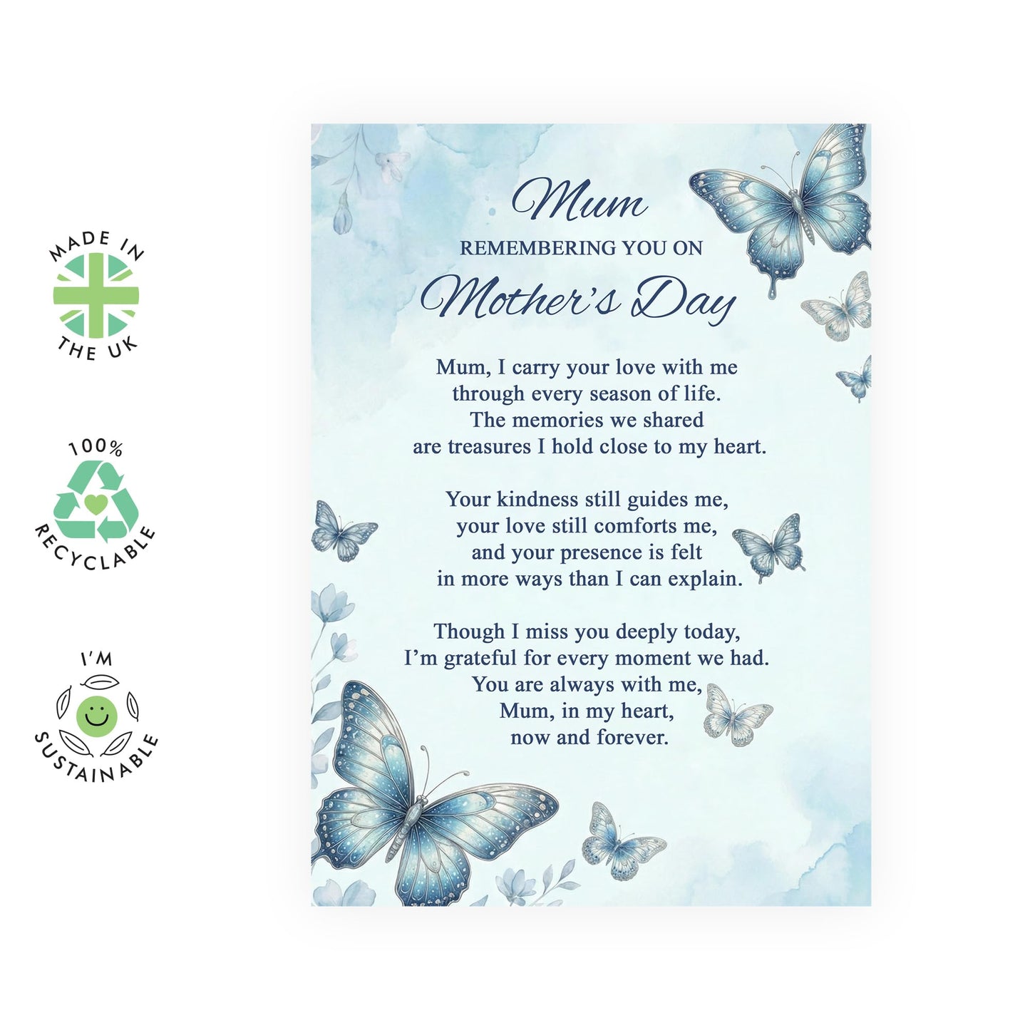 Memorial Mother’s Day Card – Remembering You Mum, Butterfly Design for Mama Mummy Her Ladies Women From Daughter Son Family – Blue Watercolour Remembrance Message -Comes with Stickers