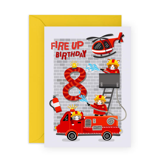Happy 8th Birthday Card For Kids - Fire Engine Helicopter - Happy Eighth Birthday Cards For Boys - 8 Year Old - Gift For Son Grandson Age Eight - Comes With Stickers - By Central 23