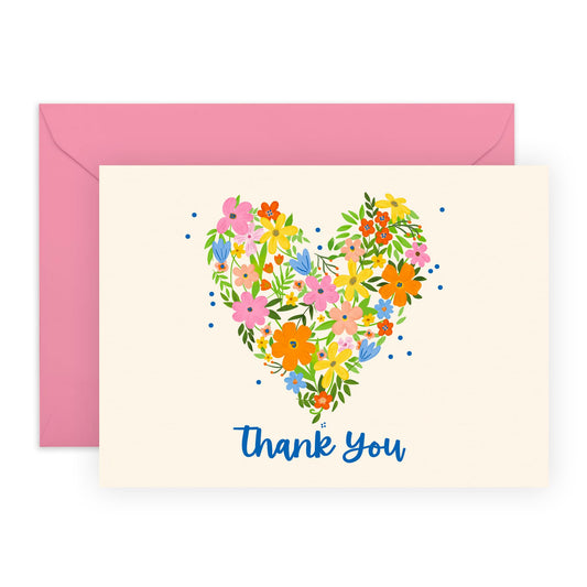 Thank You Greeting Card - 'Thank You Floral Heart' - Gifts for Friends, Colleagues, Co-workers, Family, Relatives, Mum, Dad, Bestie - Saying Thanks - Comes with Fun Stickers