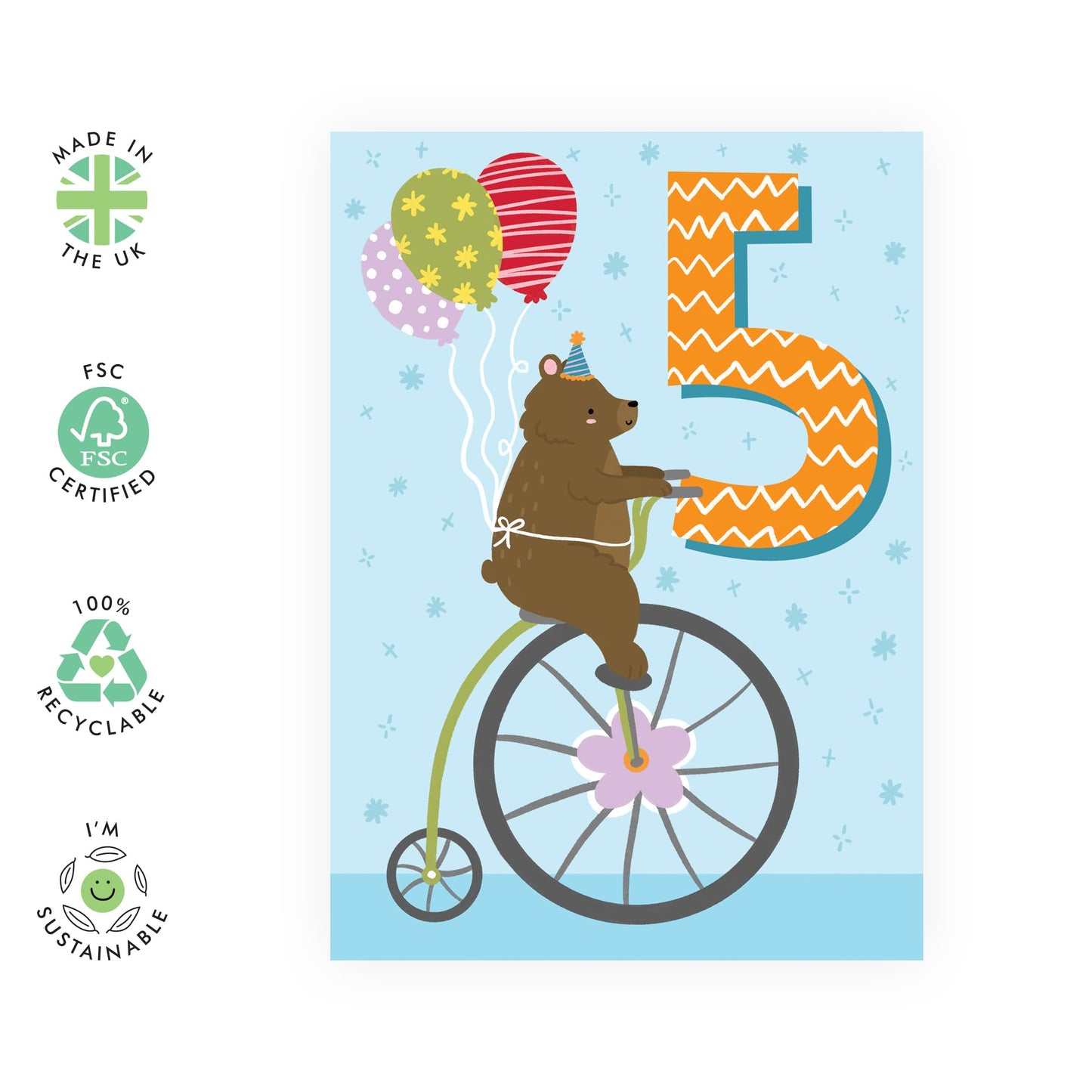 Happy 5th Birthday Card Girl Boy - Bear Age 5 Birthday - Fifth Birthday Cards For Kids Baby Toddlers - Gifts For Godson Granddaughter Niece Age Five - Comes With Cute Stickers