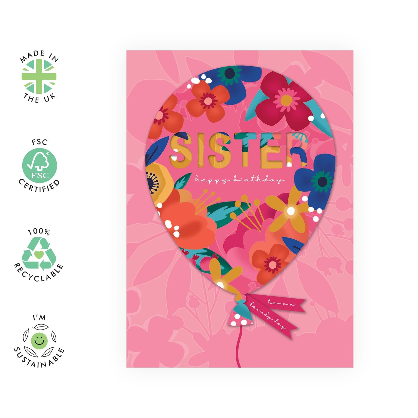 Sister Birthday Cards For Her - Pink Flower Balloons - Sweet Greeting Cards For Women Female - Heartfelt Gifts For Sister In Law - Comes With Fun Stickers - By Central 23