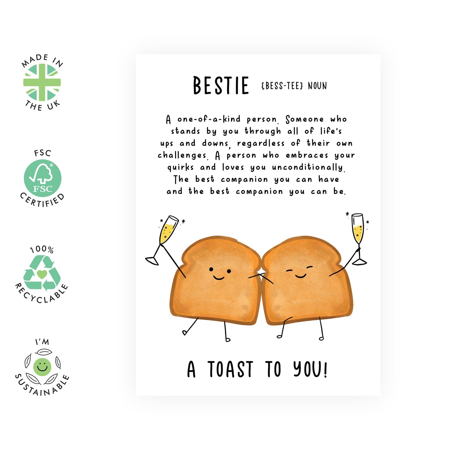 Greeting Card - 'A TOAST TO YOU BESTIE' - Perfect for Celebrating a Special Friendship with a Fun and Heartfelt Touch - Ideal for Best Friends, BFFs, and Besties - Comes with Stickers By Central 23