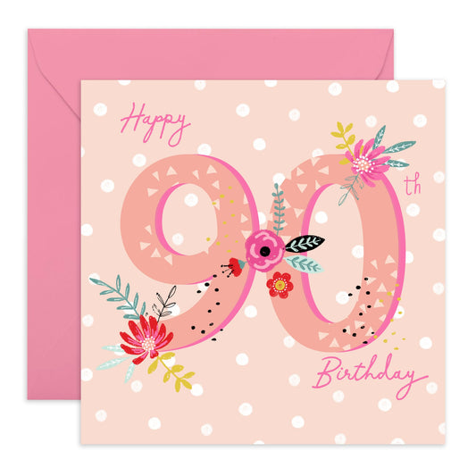 90th Birthday Cards Women - 90th Pink Floral Birthday - Wife Birthday Greeting Card - Floral Birthday Card - Ninetieth Birthday Cards Grandma Grandmother - Comes With Fun Stickers By Central 23