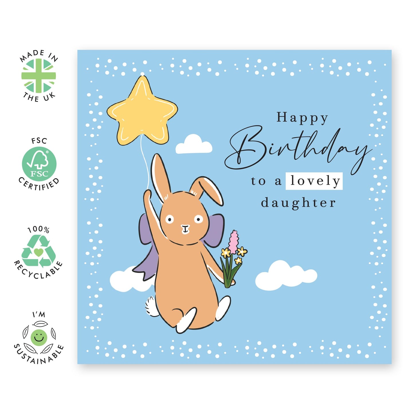 Daughter Birthday Card – Bunny & Star Balloon – Adorable Greeting Card for Her, Girls, Child, Teenager, Toddler, Women, Ladies, from Mum, Dad - Sweet Rabbit Gifts - Comes with Fun Stickers