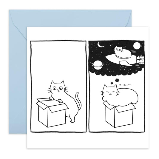 Cat Sleeping Birthday Card - 'Cat Space Box Dream Comic' - Gifts for Him, Boys, Children, Her, Son, Nephew - Flying - Comes with Fun Stickers