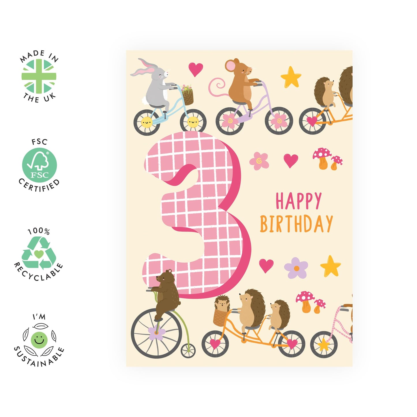 3rd Birthday Card Boys Girls - Children Age 3 Animals On Bike - Baby Milestone Cards Age Three - Third Birthday Cards - Animal - Gifts For Son Daughter Niece Nephew - Comes With Stickers By Central