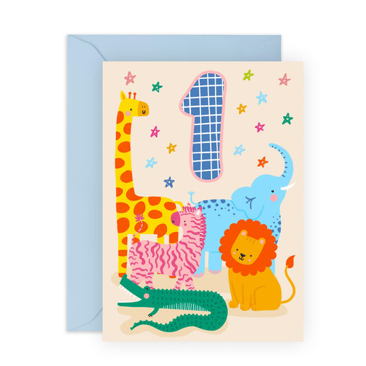 1st Birthday Card Girl Kids - Cute Safari Animals - Boy Birthday Card Age One - Happy Birthday Card For Godson Granddaughter Niece - One Year Old Gifts For Baby - Comes With Stickers By Central 23