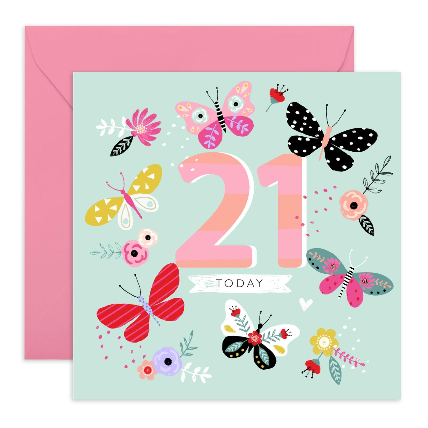 Floral Birthday Card For Her - 21 Today Butterflies - Happy Twenty-first Birthday Card - Gifts For Daughter Niece - From Mum Dad - Comes With Fun Stickers By Central