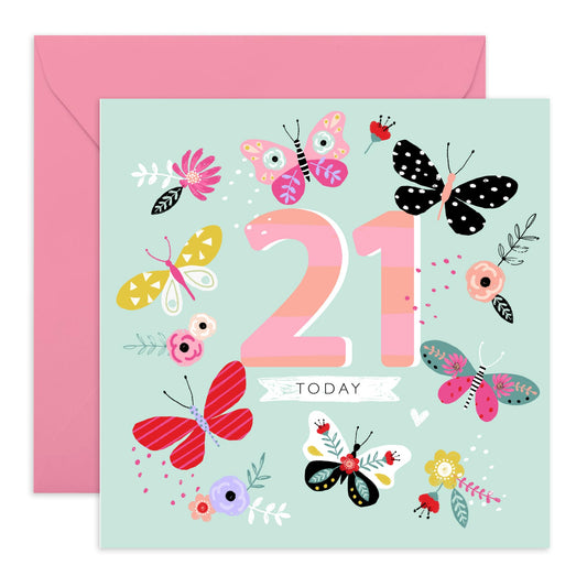 Floral Birthday Card For Her - 21 Today Butterflies - Happy Twenty-first Birthday Card - Gifts For Daughter Niece - From Mum Dad - Comes With Fun Stickers By Central