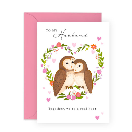 Playful Greeting Card - 'OWL HUSBAND HOOT' - Ideal for Celebrating Your Love to Husband with a Fun and Whimsical Touch - Perfect for Anniversaries or Just Because - Comes with Stickers by Central 23
