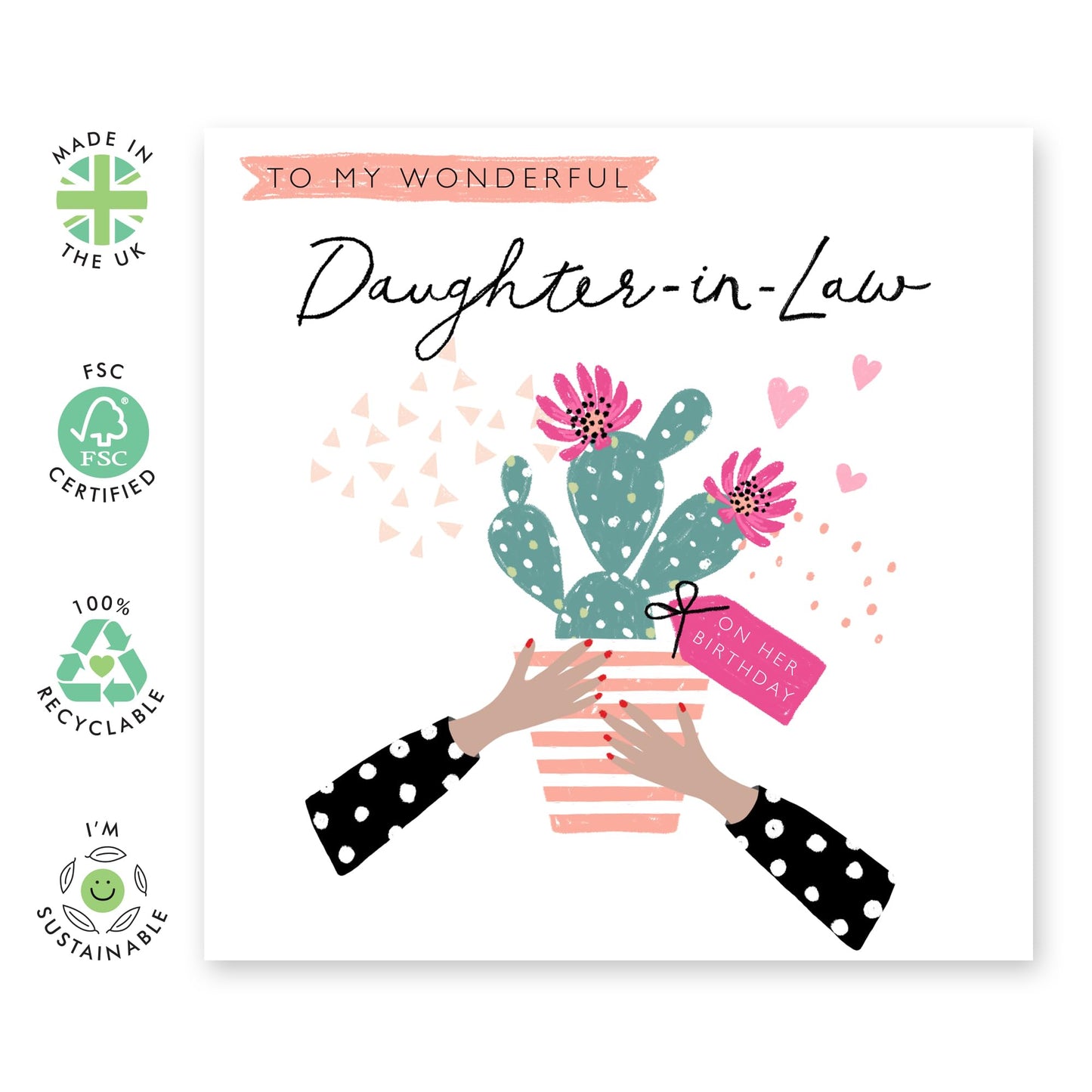 Daughter In Law Birthday Card For Her - Happy Birthday Greeting Cards For Women - To My Wonderful Daughter-in-law - Pretty Cactus Gift - Comes With Cute Stickers - By Central 23