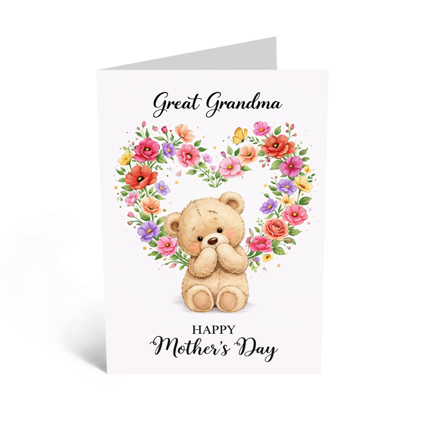 Mother’s Day Card for Great Grandma - Cute Teddy Bear & Floral Heart Greeting Card - Sweet Keepsake for Great-Grandmother - Made in UK - Includes Premium White Envelope