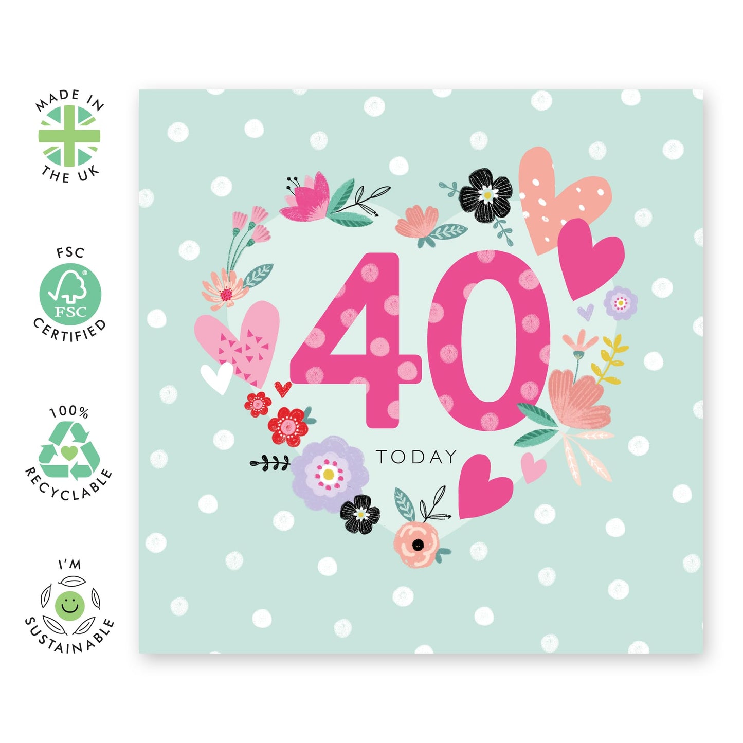 40th Birthday Card For Wife - 40 Mint Polka Dots - Floral Birthday Card For Mum - Sister - Bday - Happy Fortieth Birthday Greeting Card Female Friends - Comes With Stickers By Central 23