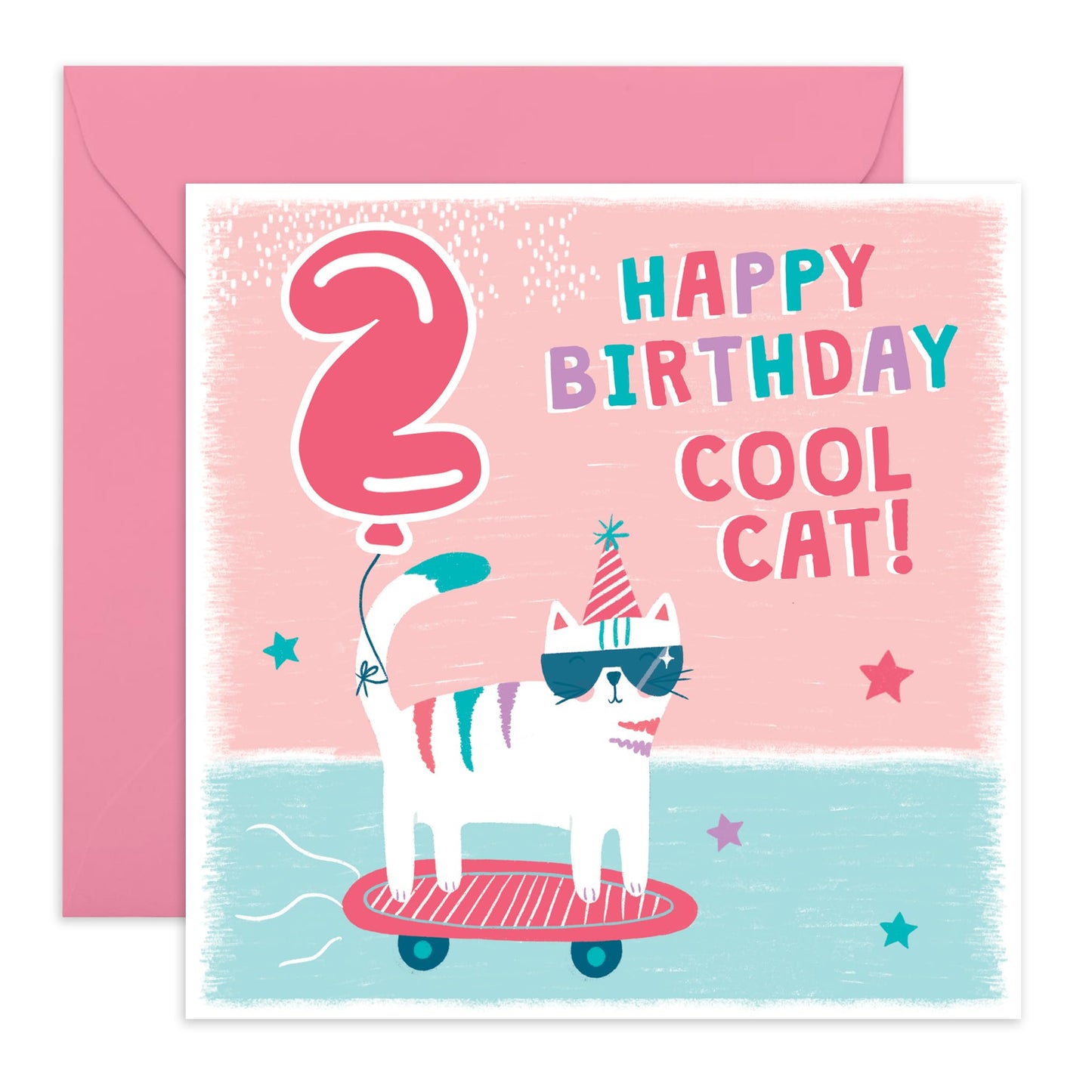 Cat Birthday Card Age Two - Happy Second Birthday Cards For Kids Toddler Boys Girls - 2nd Bday Greeting Cards Milestone - Gifts For Him 2 Year Old Son Grandson - Comes With Cute Stickers By Central 23