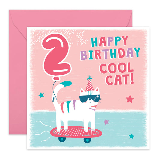 Cat Birthday Card Age Two - Happy Second Birthday Cards For Kids Toddler Boys Girls - 2nd Bday Greeting Cards Milestone - Gifts For Him 2 Year Old Son Grandson - Comes With Cute Stickers By Central 23