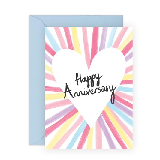 Colourful Anniversary Day Card - 'Happy Anniversary Heart Stripes' - Romantic Gifts for Boyfriend, Husband, Wife, Girlfriend, Partner, Other Half - Simple - Comes with Fun Stickers