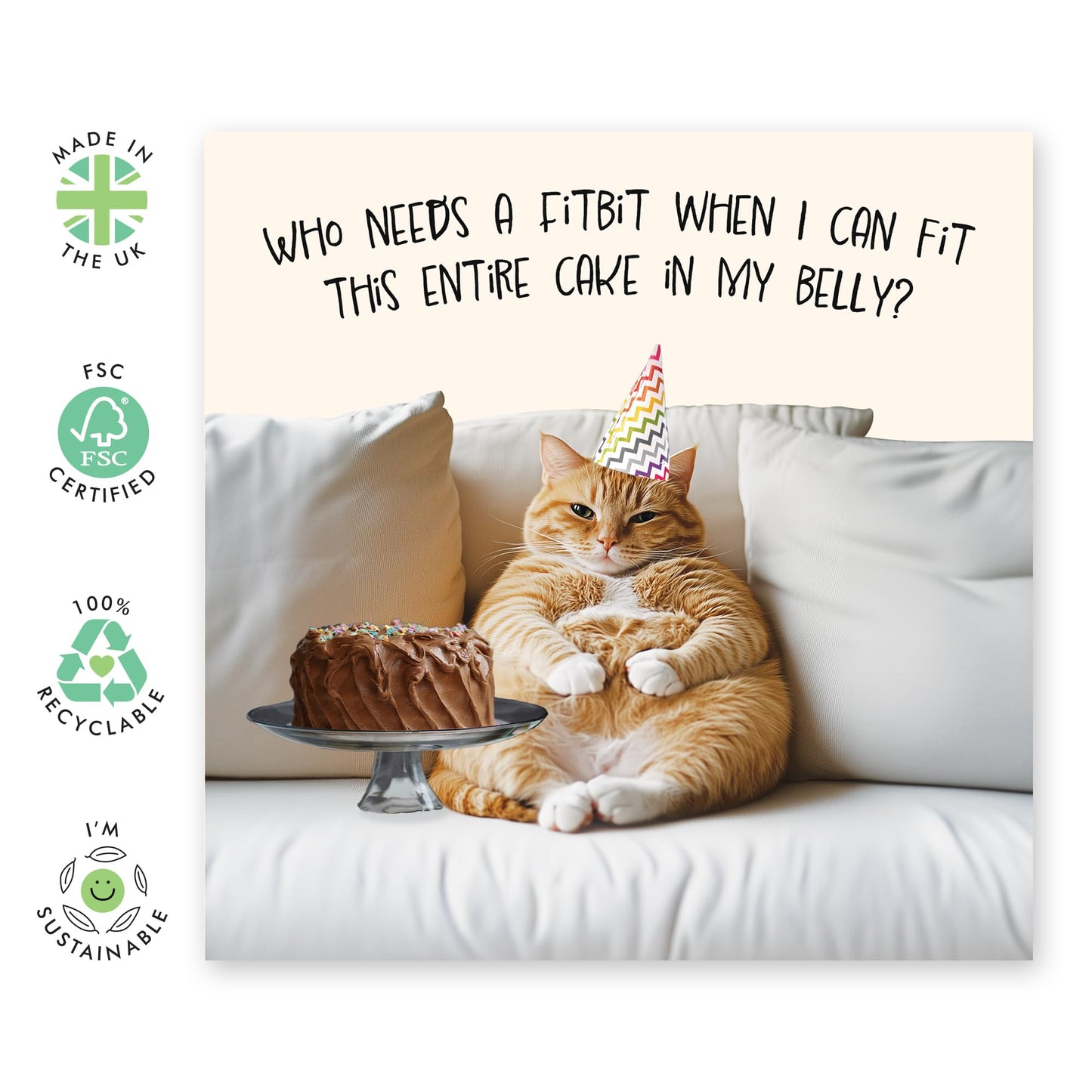 Funny Birthday Card - 'Fat Cat Fit This Cake' - Gifts for Friends, Him, Her, Women, Men, Dad, Brother, Boyfriend, Colleagues - Eating the whole cake - Comes with Fun Stickers