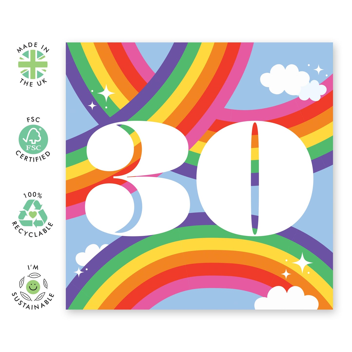 30th Birthday Card For Men Women - Rainbow Sky 30 - Wife Husband - Brother Sister - Rainbow Birthday Card - Happy Thirtieth Birthday Greeting Card Him Her - Comes With Fun Stickers - By Central 23