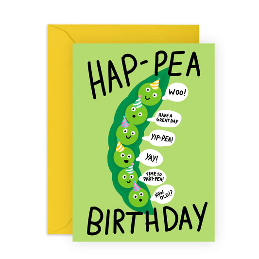 Birthday Cards For Men - Hap-pea Birthday - Pun Humour Joke - Funny Birthday Card For Women - Gifts For Friends Brother Sister - Comes With Stickers - By Central 23
