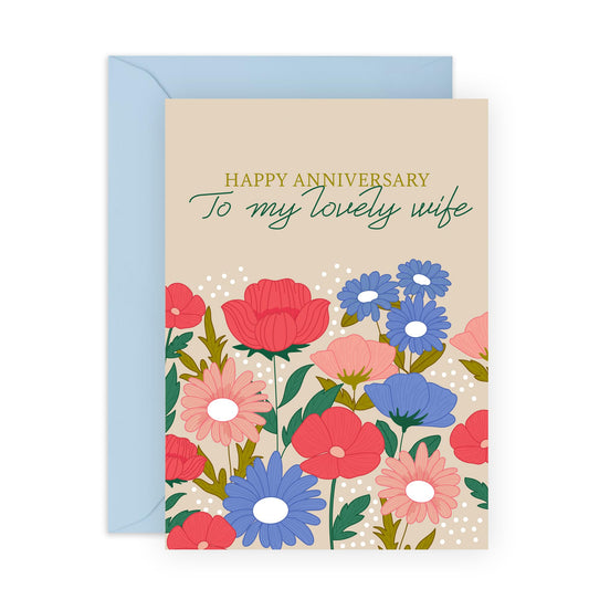 Sweet Anniversary Day Card Message - 'Happy Anniversary Wife Flowers' - Romantic Gifts for Wife, Partner, Other Half, Married Couples, Her - Valentines Day Present - Comes with Fun Stickers