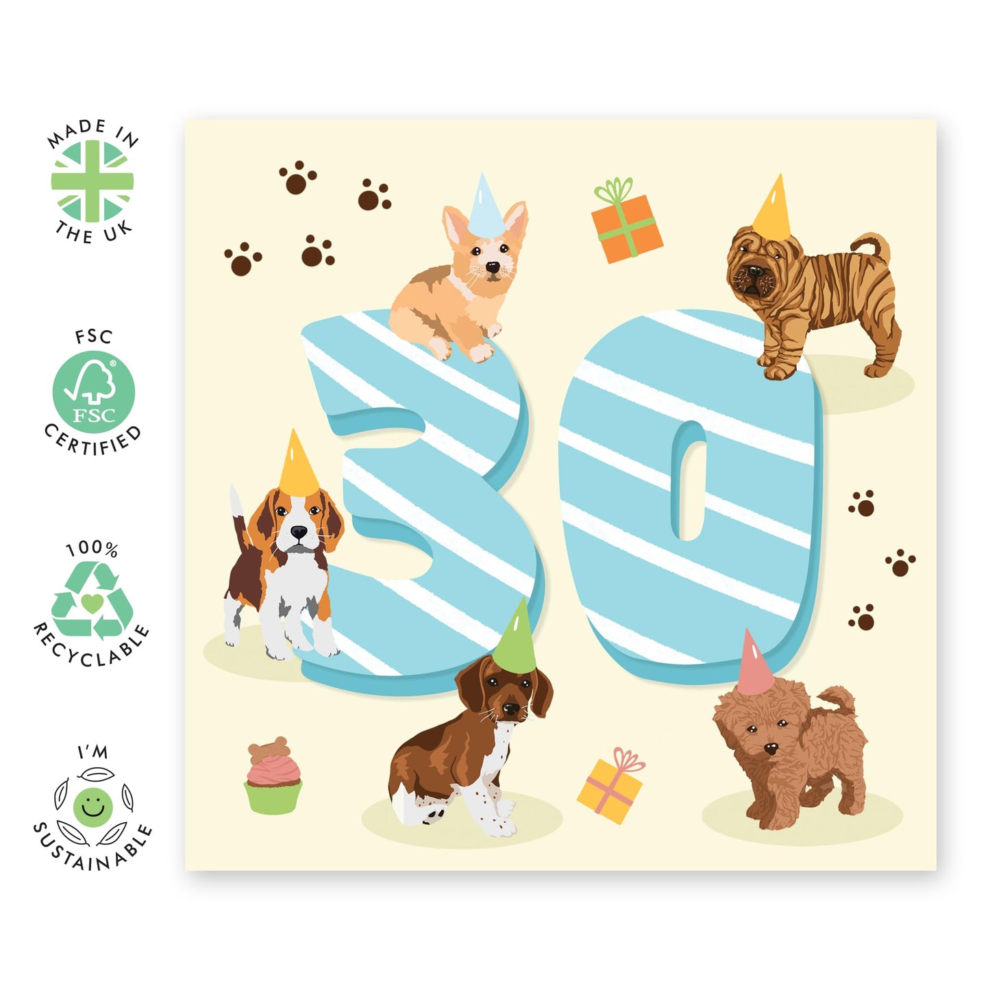 30th Birthday Card For Men - Puppy Birthday Age 30 - Husband - Dad - Brother - Puppy Birthday Card - Happy Thirtieth Birthday Greeting Card Male Friends - Comes With Fun Stickers - By Central 23