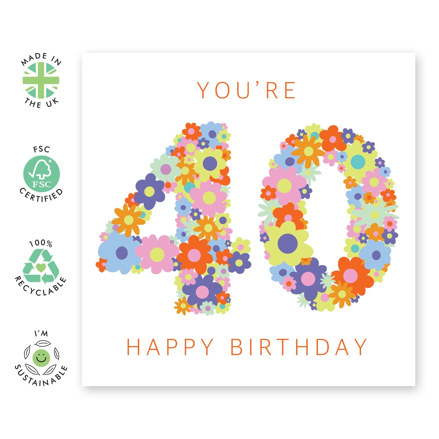 40th Birthday Card For Women - Floral Rainbow Age 40 - Floral Birthday Card - Wife - Mum - Sister - Happy Fortieth Birthday Greeting Card Female Friends - Comes With Fun Stickers - By Central 23