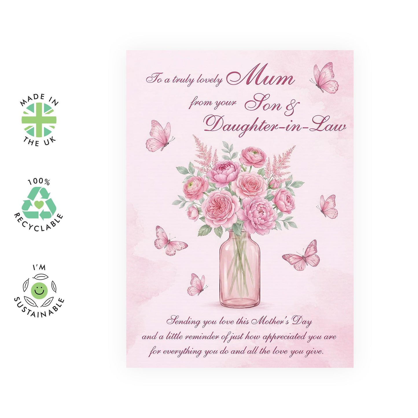 Mother’s Day Card – Truly Lovely Mum Mama Mummy Her From Son Daughter In Law Family – Pink Floral Vase Appreciation Message, Thank You - Comes with Cute Stickers