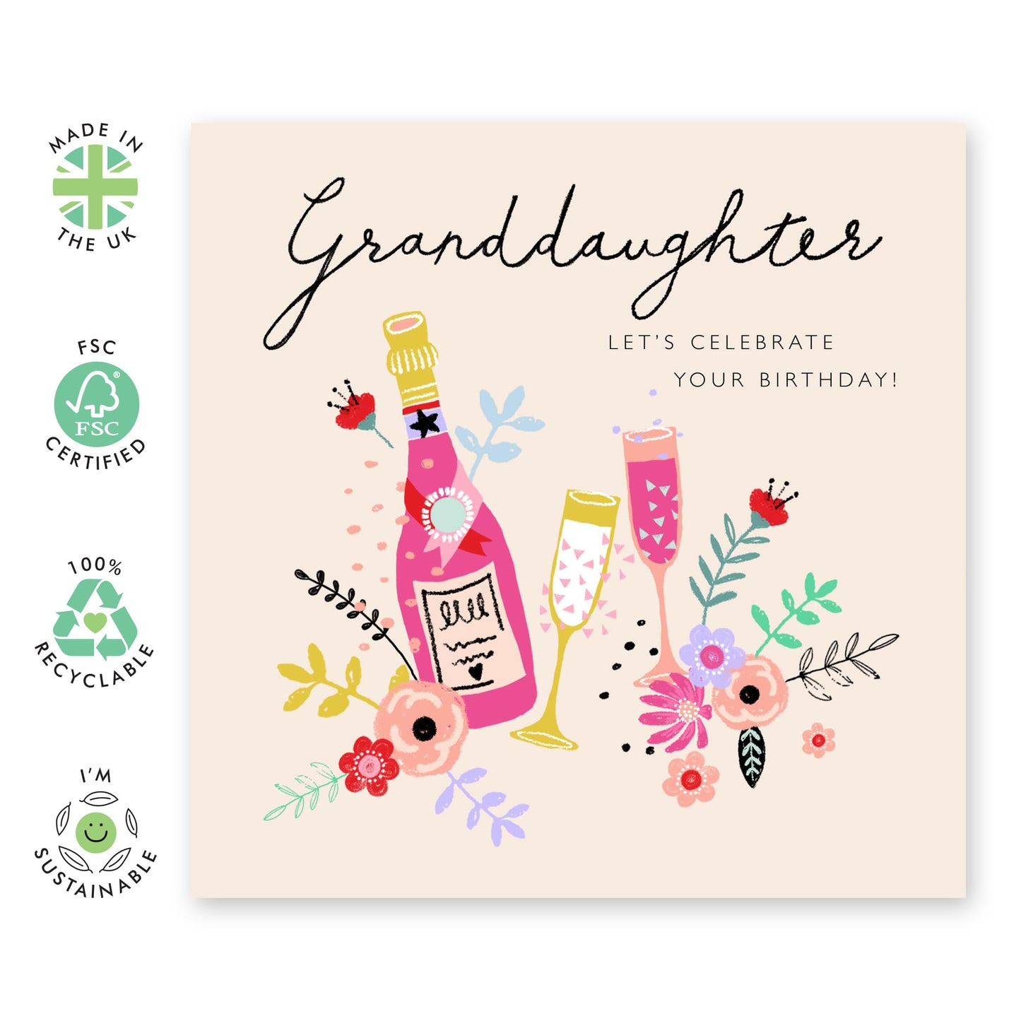 Granddaughter Birthday Cards For Women - Celebration Card - Cakes Champagne Flowers - Happy Birthday Cards For Granddaughter - Gifts For Her - Comes With Fun Stickers - By Central 23