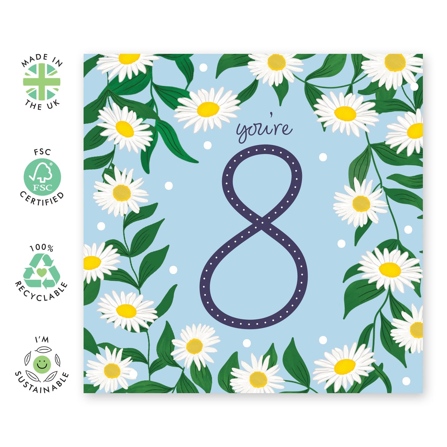 8th Birthday Cards For Daughter - Daisy Chain 8 - Happy Birthday Card Niece - Floral Birthday Card - Cousin Birthday Card Female - Eight Years Old Child Kids - Comes With Fun Stickers - By Central 23