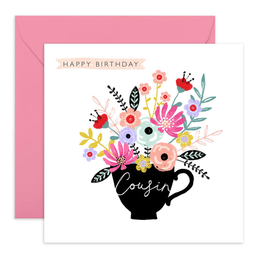 Birthday Cards For Cousins - Pretty Flower Birthday Card For Her - Elegant Happy Birthday Greeting Cards For Ladies Girls Female - Gift For Women - Comes With Fun Stickers - By Central 23