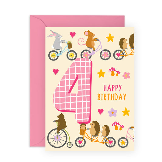 4th Birthday Card Boys Girls- Children Age 4 Animals On Bike - Baby Milestone Cards Age Four - Forth Birthday Cards - Animal - Gifts For Son Daughter Niece Nephew - Comes With Stickers By Central