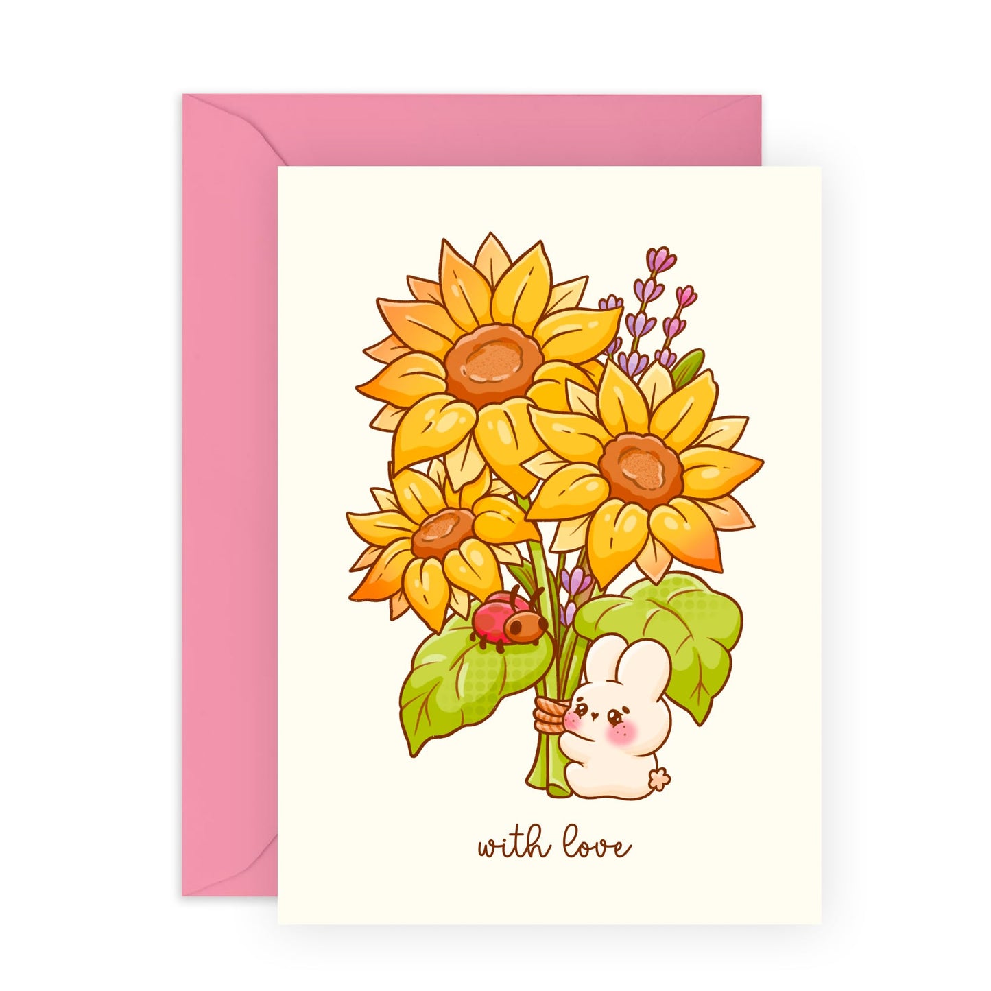 Cute Love Card - 'WITH LOVE, FLOWER BUNNY' - Gifts for Her, Him, Girlfriend, Wife, Babe, Darling, Love, Hon, Women, Ladies, Mum - Mothers Day and Birthdays - Includes Envelope and Stickers