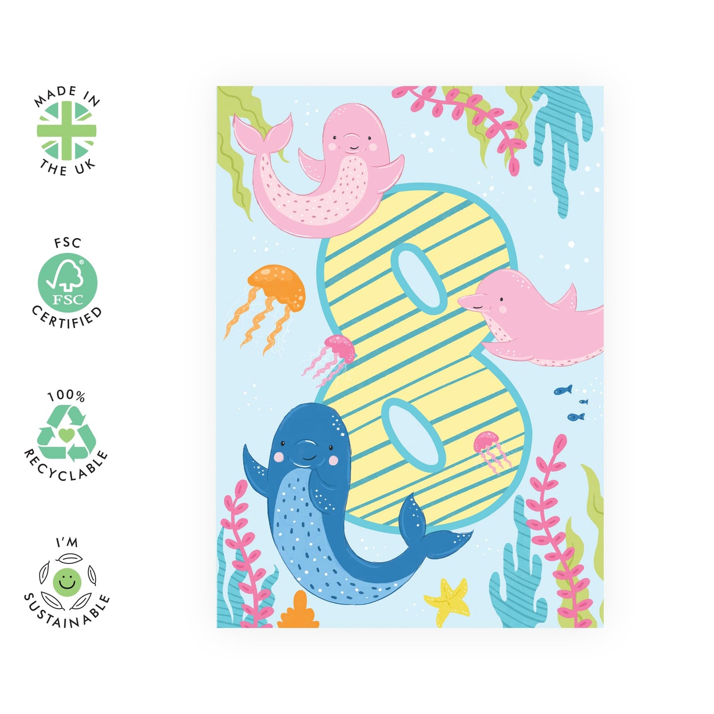 8th Birthday Card Girl Boy - Cute Dolphins Pink Blue Green - Eighth Birthday Card - Milestone Kids Age Card - Eight Year Old Gifts For Toddler - Comes With Fun Stickers By Central 23