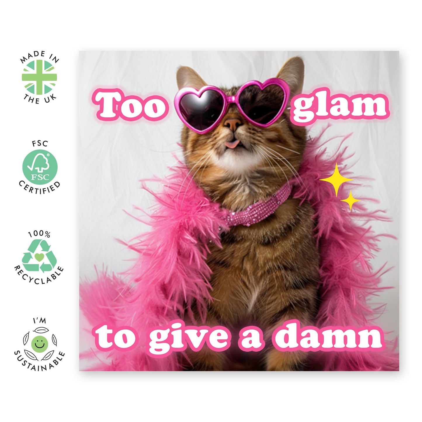 Cat Greeting Card - 'Too Glam To Give A Dam*' - Quirky Gift for Besties, Best Friend, Girlfriends, Gals, Sisters, Mum - Fabulous Cat - Comes with Fun Stickers