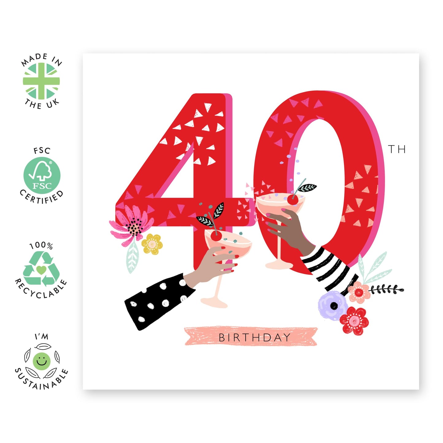 Elegant Birthday Card For Women Age 40 - Happy 40th Birthday Cheers - Happy 40th Birthday Cards For Sister - Floral Bday Cards - Gifts For Friends Aunt Daughter - Comes With Stickers By Central 23